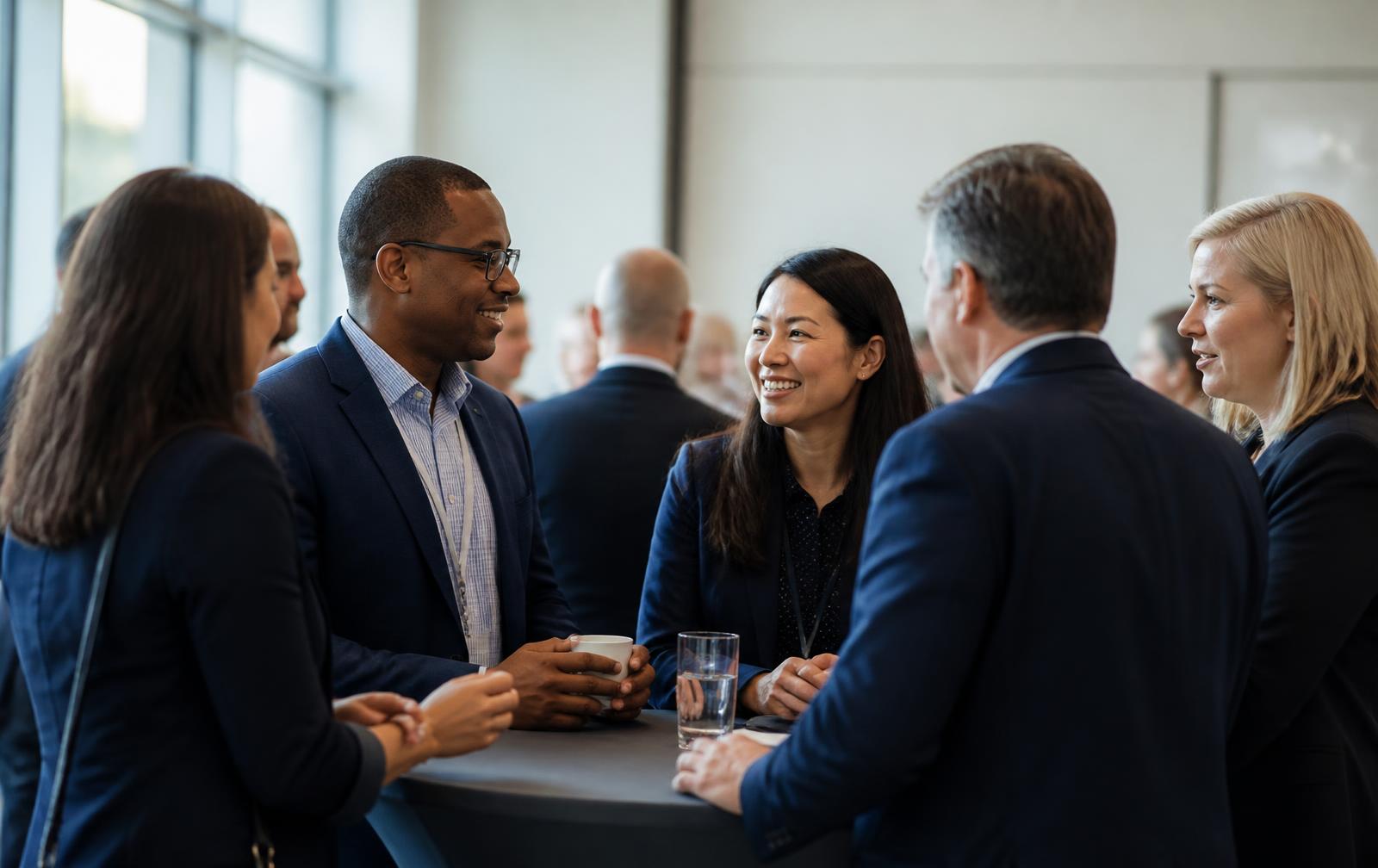 Council members in conversation between sessions at a professional gathering