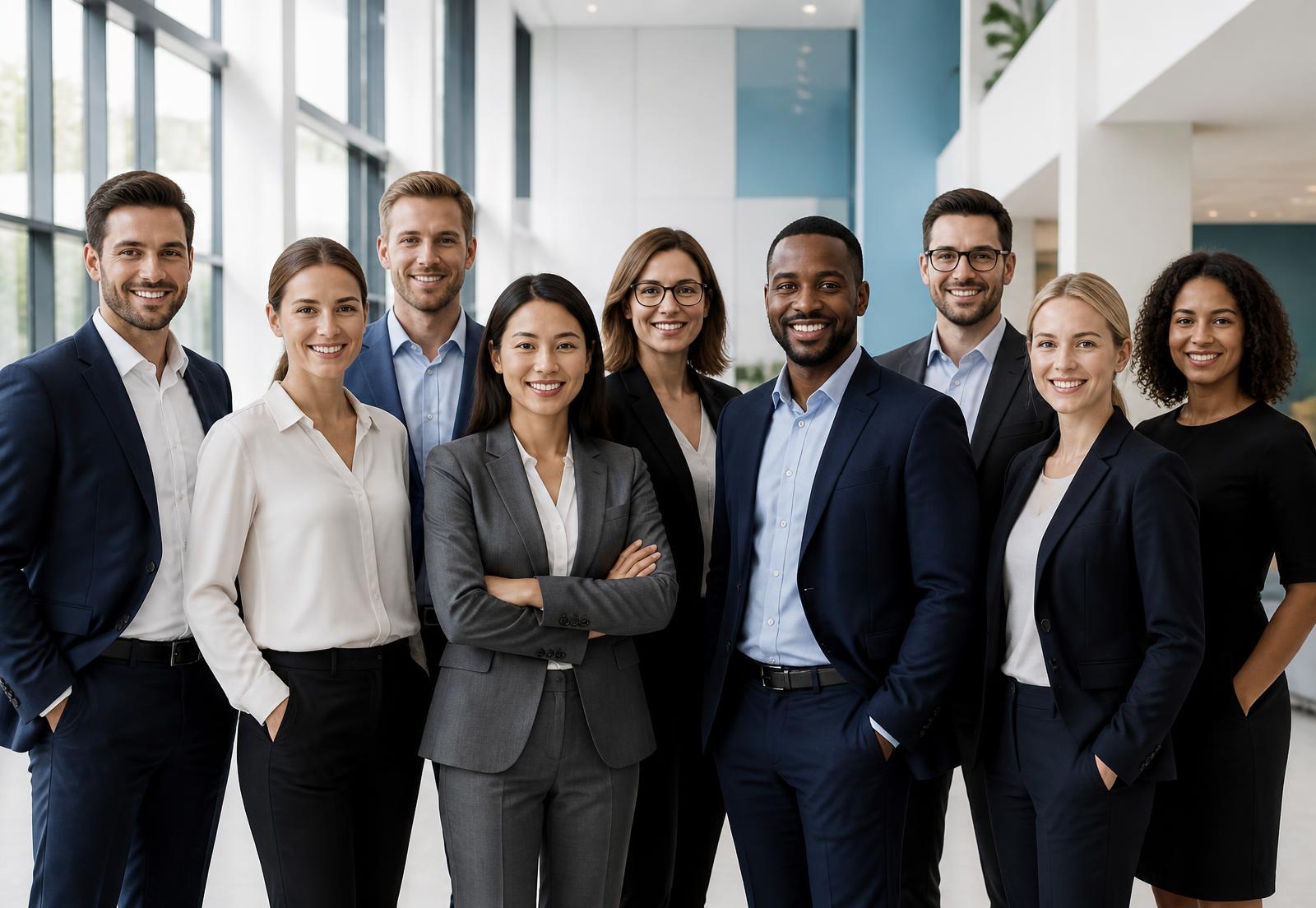 A corporate member team in a bright office lobby