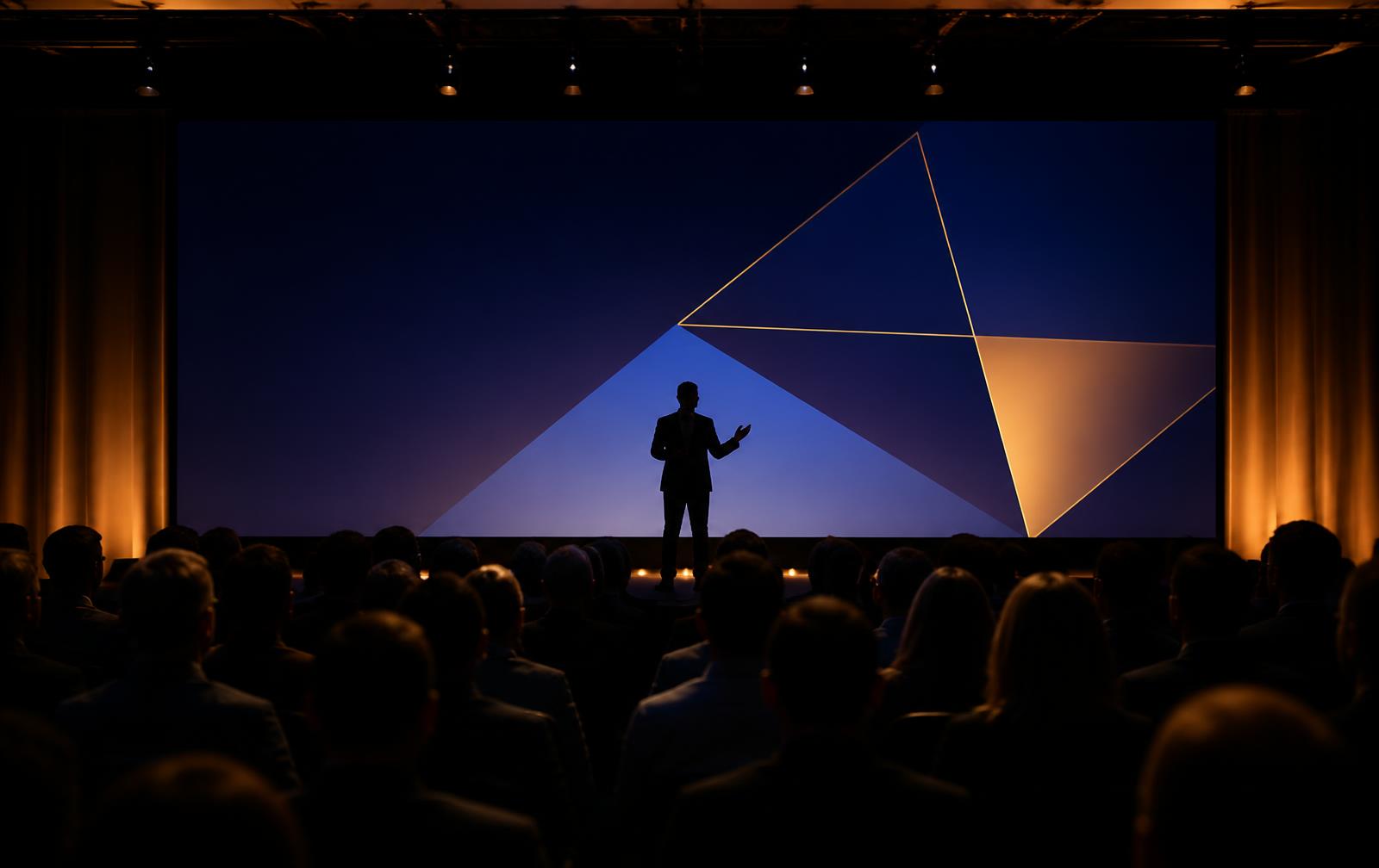 A speaker on stage in front of a seated summit audience