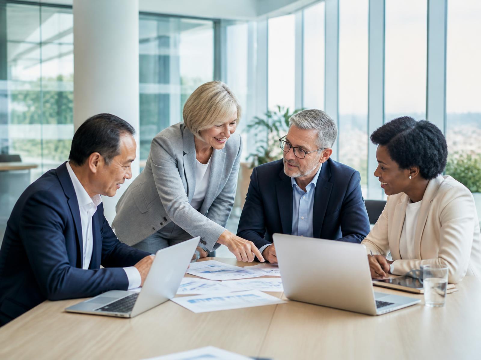 Senior professionals and value consultants working through a business case in a bright modern strategy room