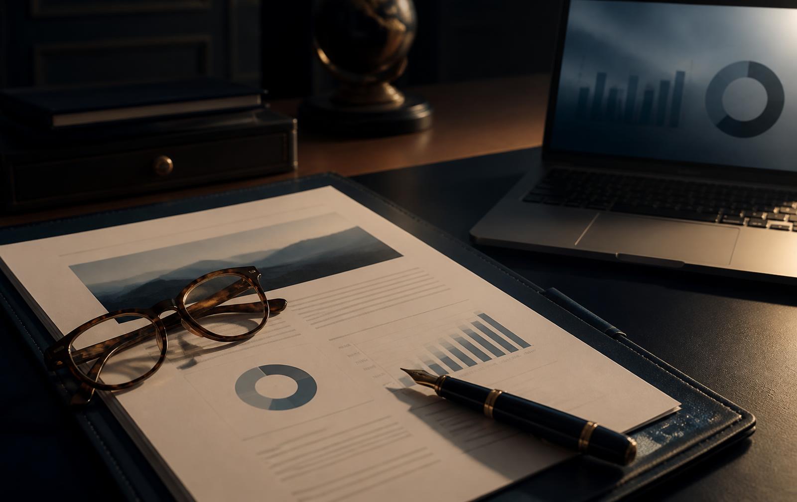 A printed business case and laptop with charts on an executive desk