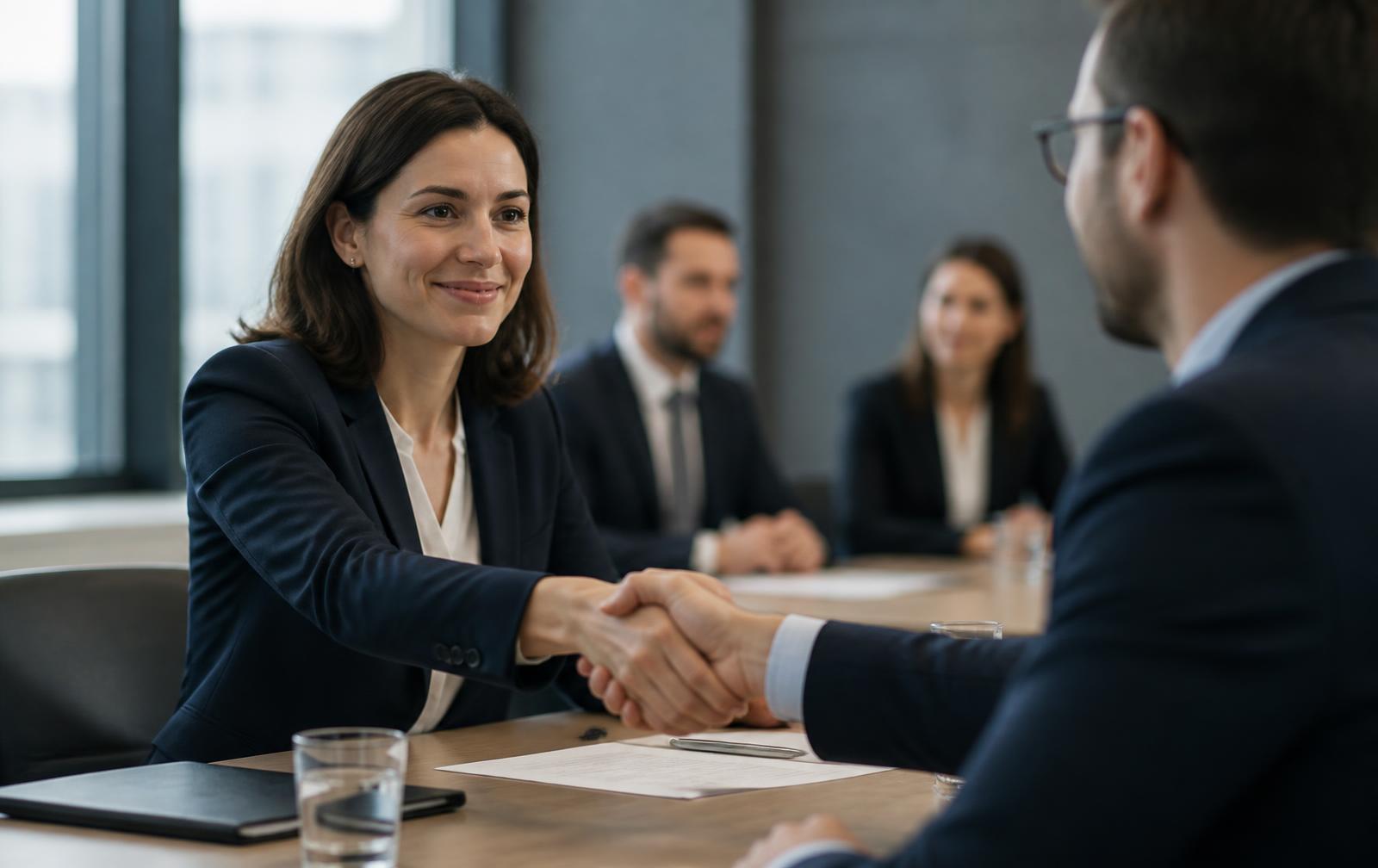Two professionals shaking hands across a meeting table