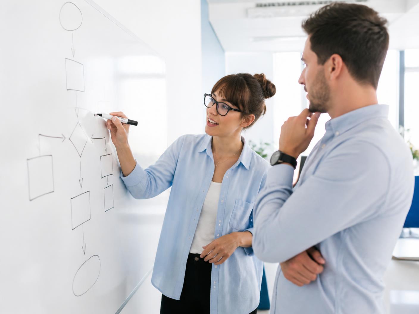 Colleagues mapping expected business outcomes on a whiteboard in a bright office